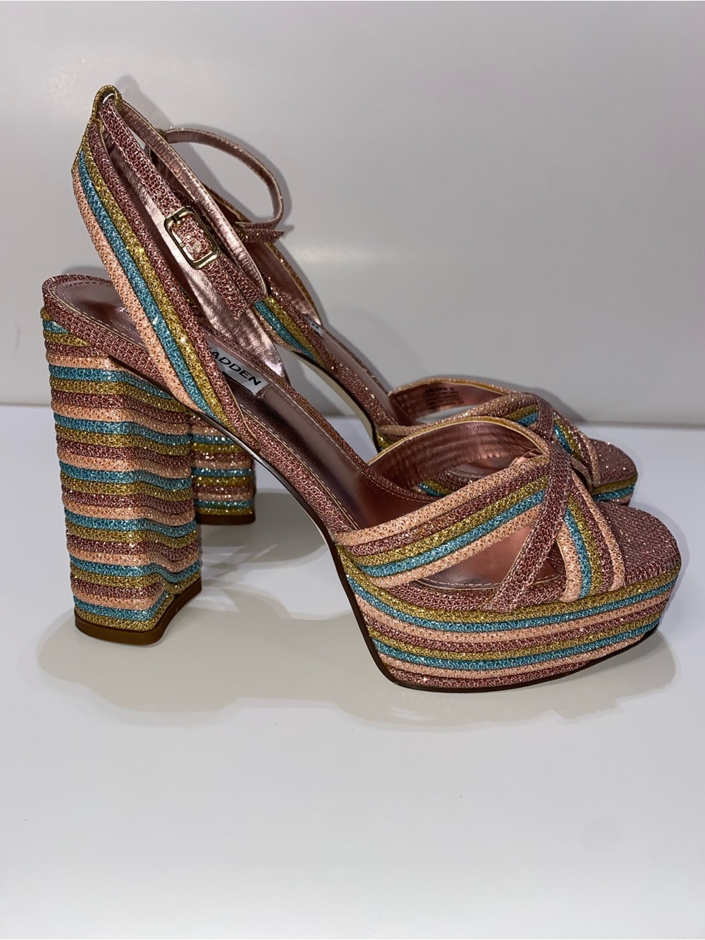 Steve Madden Rose Pink Multi-Color Glitter Platform Block Heels Size 8